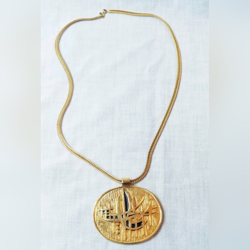 Modernist De Passille Sylvestre Enamel Brass Pendant Necklace Quebec Vtg 70s Art